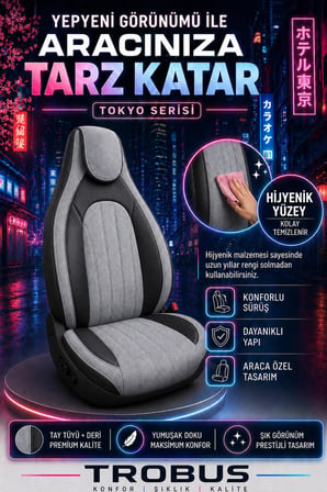 Hyundai Kona 2017 ve Sonrası Bel Destekli Tay Tüyü Koltuk Kılıfı Tokyo Serisi Gri Siyah