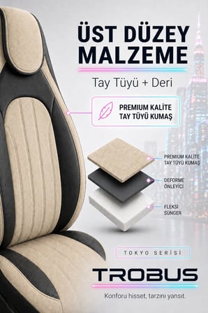 Hyundai i20 2008 ve Sonrası Bel Destekli Tay Tüyü Koltuk Kılıfı Tokyo Serisi Bej Siyah