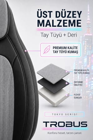 Toyota Camry 2012 ve Sonrası Bel Destekli Tay Tüyü Koltuk Kılıfı Tokyo Serisi Gri Siyah