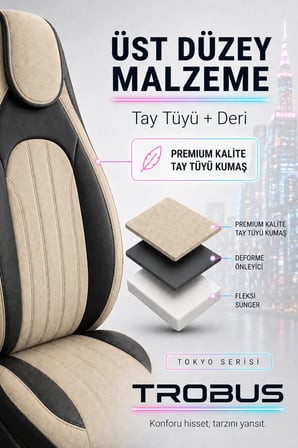Chery Tiggo 7 Pro 2023 ve Sonrası Bel Destekli Tay Tüyü Koltuk Kılıfı Tokyo Serisi Bej Siyah