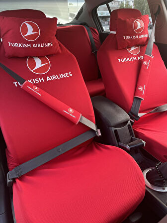 Turkish Airlines Baskılı Oto Servis Kılıfı, Kemer Pedi, Yastık Takımı Thy Kırmızı 