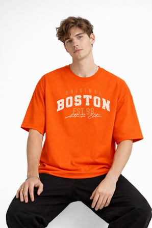 Boston - Baskılı Oversize Tişört TURUNCU