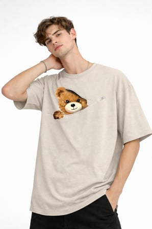 MN - Bear Baskılı Oversize Tişört BEJ