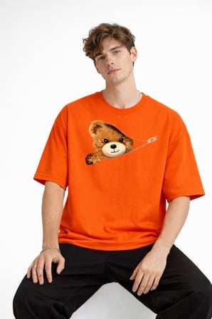 MN - Bear Baskılı Oversize Tişört TURUNCU