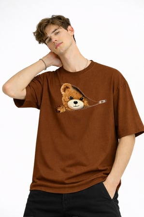 MN - Bear Baskılı Oversize Tişört KAHVE