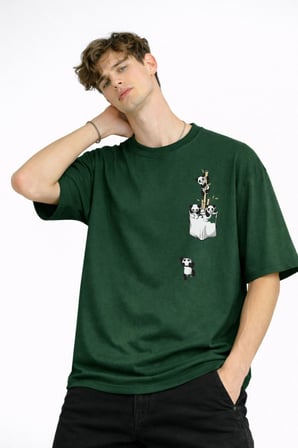 Panda - Baskılı Oversize Tişört HAKI