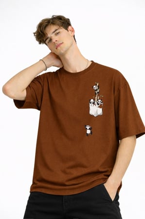 Panda - Baskılı Oversize Tişört KAHVE