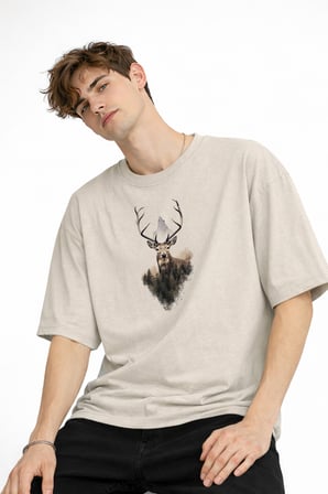 Deer - Oversize Erkek Tişört BEJ