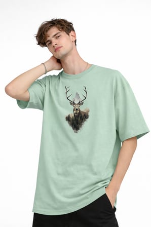 Deer - Oversize Erkek Tişört SU YESILI