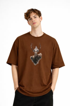 Deer - Oversize Erkek Tişört KAHVE