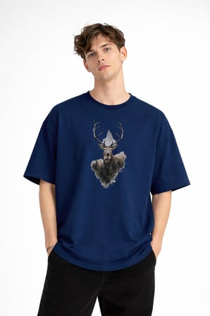 Deer - Oversize Erkek Tişört Koyu Mavi