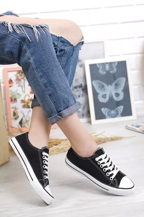 KN103 - Siyah Keten 5 cm Boy Uzatan Sneaker İnce Taban Bt Kısa Siyah