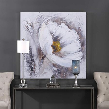 TABLOLIFE Beyaz Çiçek - Yağlı Boya Dokulu Tablo 80X80,Çerçeve;Gold