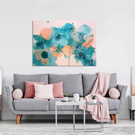 TABLOLIFE Turkuaz Çiçekler - Yağlı Boya Dokulu Tablo 75X100,Çerçeve;Gold