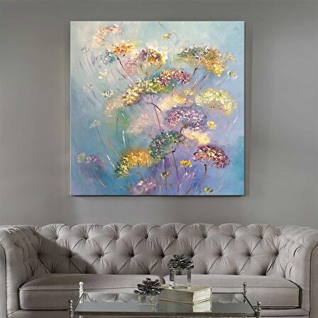 TABLOLIFE Çiçekler - Yağlı Boya Dokulu Tablo 100X100,Çerçeve;Gümüş