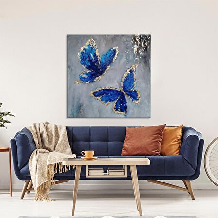 TABLOLIFE Mavi Kelebekler - Yağlı Boya Dokulu Tablo 100X100,Çerçeve;Çerçevesiz