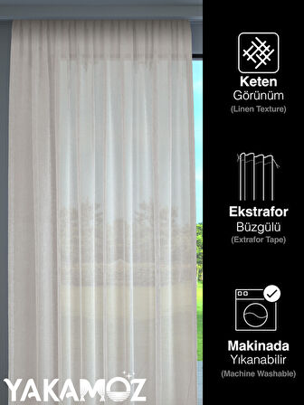 Yakamoz Ekru Renk Keten Görünümlü Ekstraforlu Tül Perde Linen Touch Serisi