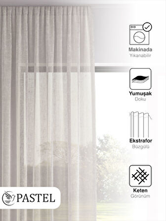 Pastel Krem Renk Keten Görünümlü Ekstraforlu Tül Perde Ütü Istemez