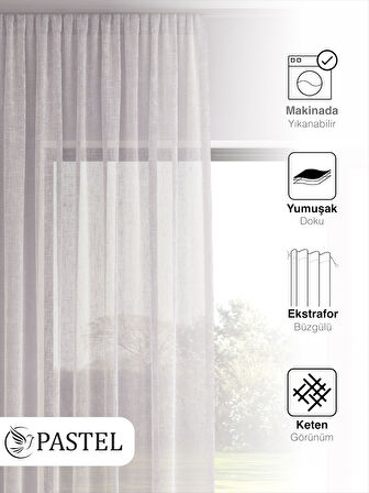 Pastel Beyaz Renk Keten Görünümlü Ekstraforlu Tül Perde Ütü Istemez