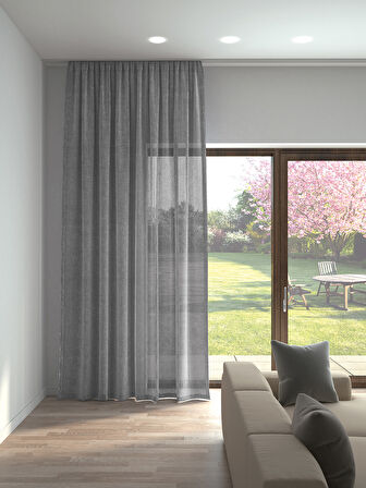 Perle Gri Renk Keten Görünümlü Düz Tül Perde Ütü Istemez