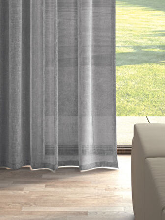 Perle Gri Renk Keten Görünümlü Düz Tül Perde Ütü Istemez