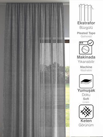 Perle Gri Renk Keten Görünümlü Düz Tül Perde Ütü Istemez