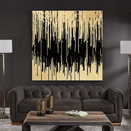 TABLOLIFE Soyut Dışavurum - Yağlı Boya Dokulu Tablo 120X120,Çerçeve;Gold