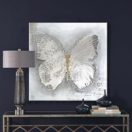 TABLOLIFE Beyaz Kelebek - Yağlı Boya Dokulu Tablo 80X80,Çerçeve;Gümüş
