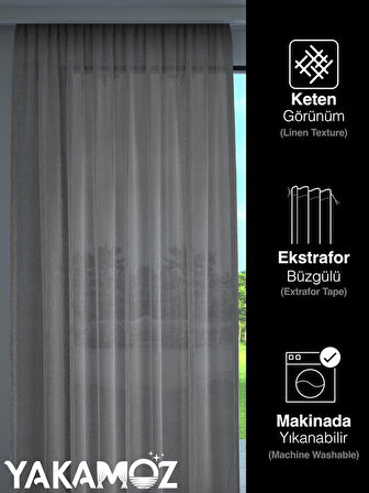 Yakamoz Gri Keten Görünümlü Ekstraforlu Tül Perde Linen Touch Serisi