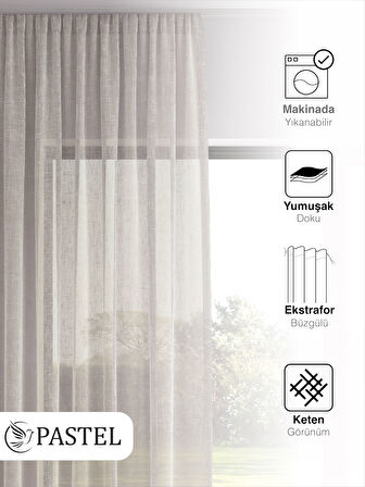 Pastel Bej Renk Keten Görünümlü Ekstraforlu Tül Perde Ütü Istemez