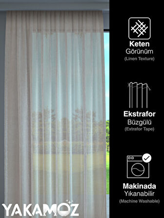 Yakamoz Krem Renk Keten Görünümlü Ekstraforlu Tül Perde Linen Touch Serisi