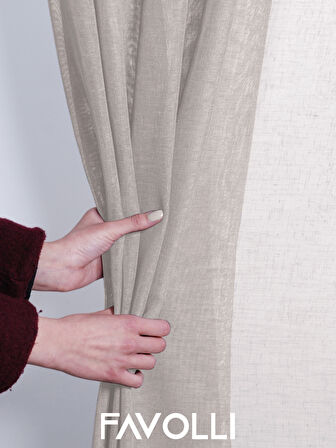 FAVOLLİ Ekru Renk Keten Görünümlü Pileli Tül Perde Ütü Istemez