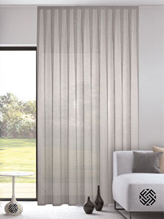 FAVOLLİ Krem Renk Keten Görünümlü Pileli Tül Perde Ütü Istemez