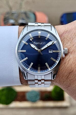 Ferrucci FCISTE250 Kadranı Lacivert Kordonu Gümüş Renk Takvimli Erkek Kol Saati