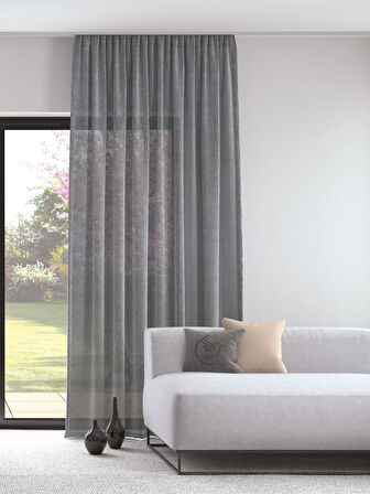 Pastel Gri Renk Keten Görünümlü Ekstraforlu Tül Perde Ütü Istemez