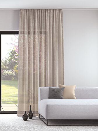 Pastel Açık Kahve Rengi Keten Görünümlü Ekstraforlu Tül Perde Ütü Istemez