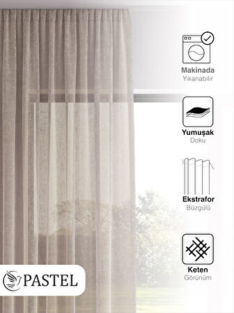 Pastel Açık Kahve Rengi Keten Görünümlü Ekstraforlu Tül Perde Ütü Istemez