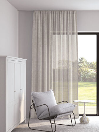 Pastel Bej Renk Keten Görünümlü Ekstraforlu Tül Perde Ütü Istemez