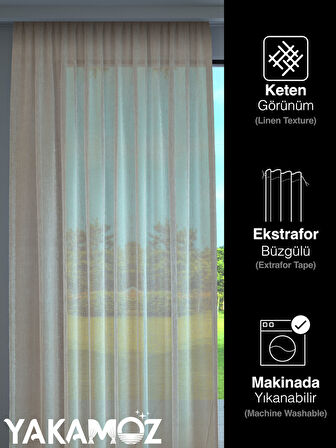 Yakamoz Bej Keten Görünümlü Ekstraforlu Tül Perde Linen Touch Serisi