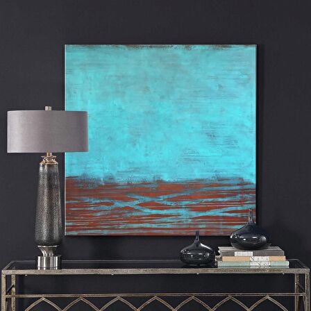 TABLOLIFE Soyut Turkuaz - Yağlı Boya Dokulu Tablo 80X80,Çerçeve;Gold
