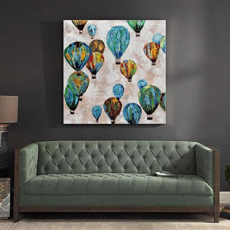 TABLOLIFE Uçan Balonlar - Yağlı Boya Dokulu Tablo 80X80,Çerçeve;Gümüş