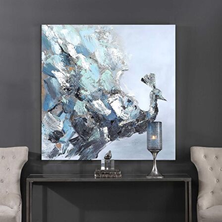 TABLOLIFE Soyut Tavus Kuşu - Yağlı Boya Dokulu Tablo 80X80,Çerçeve;Gümüş