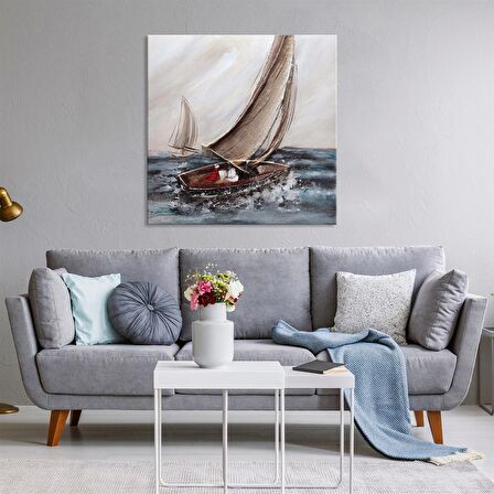 TABLOLIFE Yelkenli - Yağlı Boya Dokulu Tablo 80X80,Çerçeve;Gold