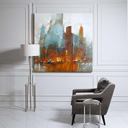 TABLOLIFE Soyut Şehir 2 - Yağlı Boya Dokulu Tablo 80X80,Çerçeve;Siyah