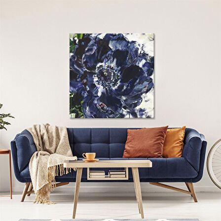 TABLOLIFE Lacivert Çiçek - Yağlı Boya Dokulu Tablo 80X80,Çerçeve;Siyah