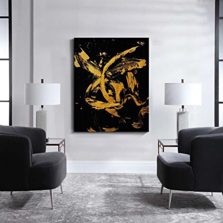 TABLOLIFE Sarı Siyah - Yağlı Boya Dokulu Tablo 75X100,Çerçeve;Gold