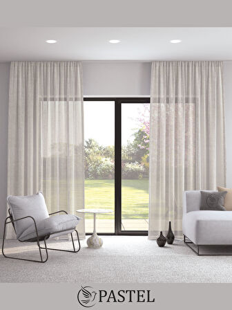 Pastel Krem Renk Keten Görünümlü Ekstraforlu Tül Perde Ütü Istemez