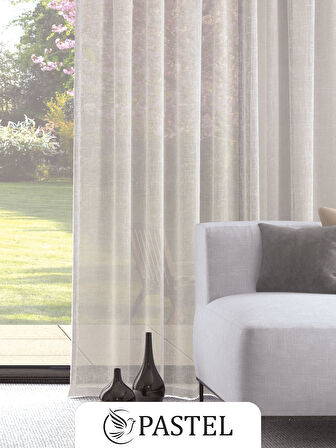 Pastel Krem Renk Keten Görünümlü Ekstraforlu Tül Perde Ütü Istemez