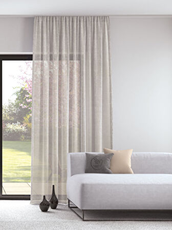 Pastel Bej Renk Keten Görünümlü Ekstraforlu Tül Perde Ütü Istemez