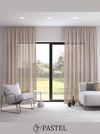 Pastel Açık Kahve Rengi Keten Görünümlü Ekstraforlu Tül Perde Ütü Istemez